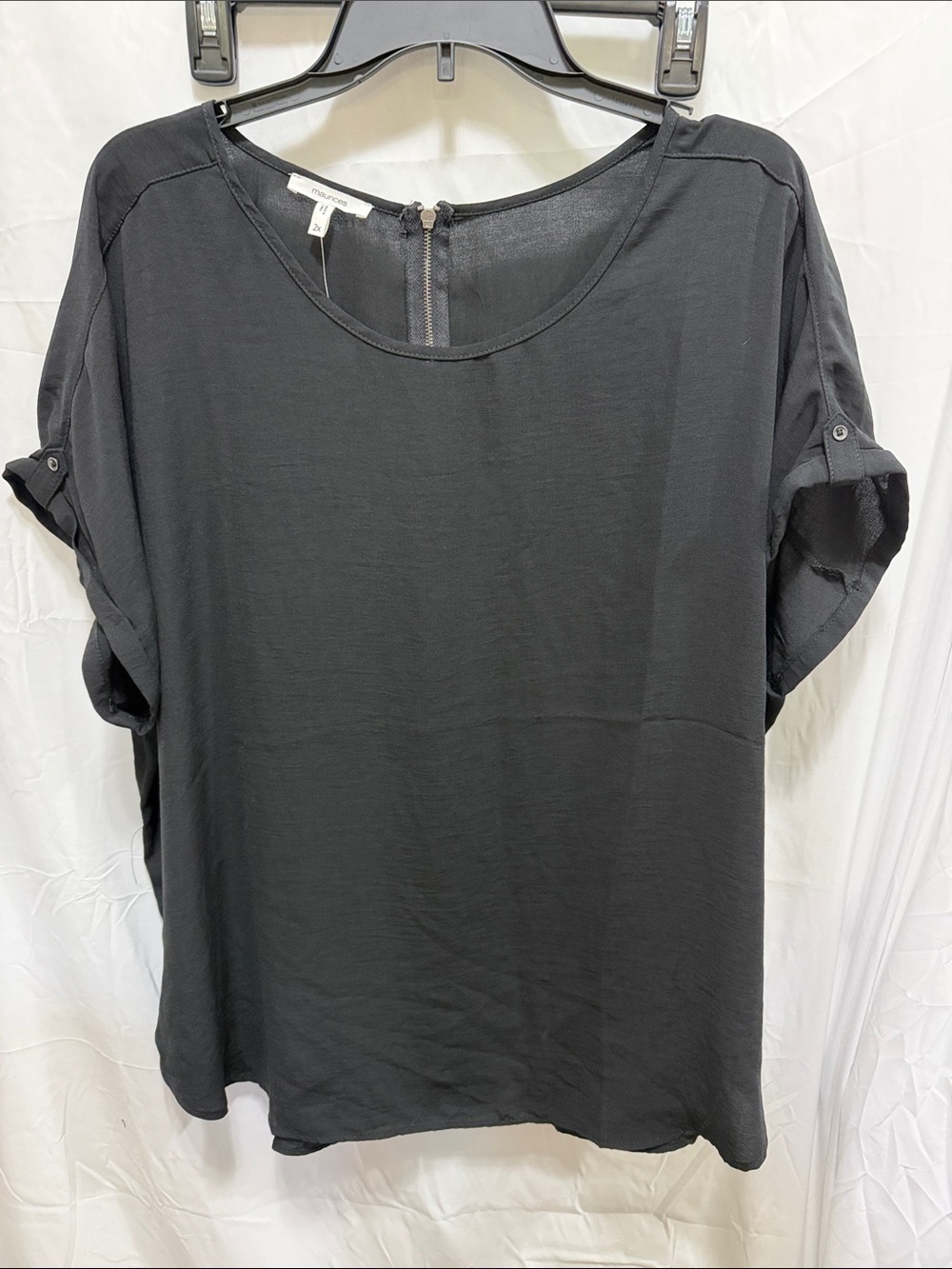 Maurices Black Roll-Tab Short-Sleeve Blouse with Back Zip